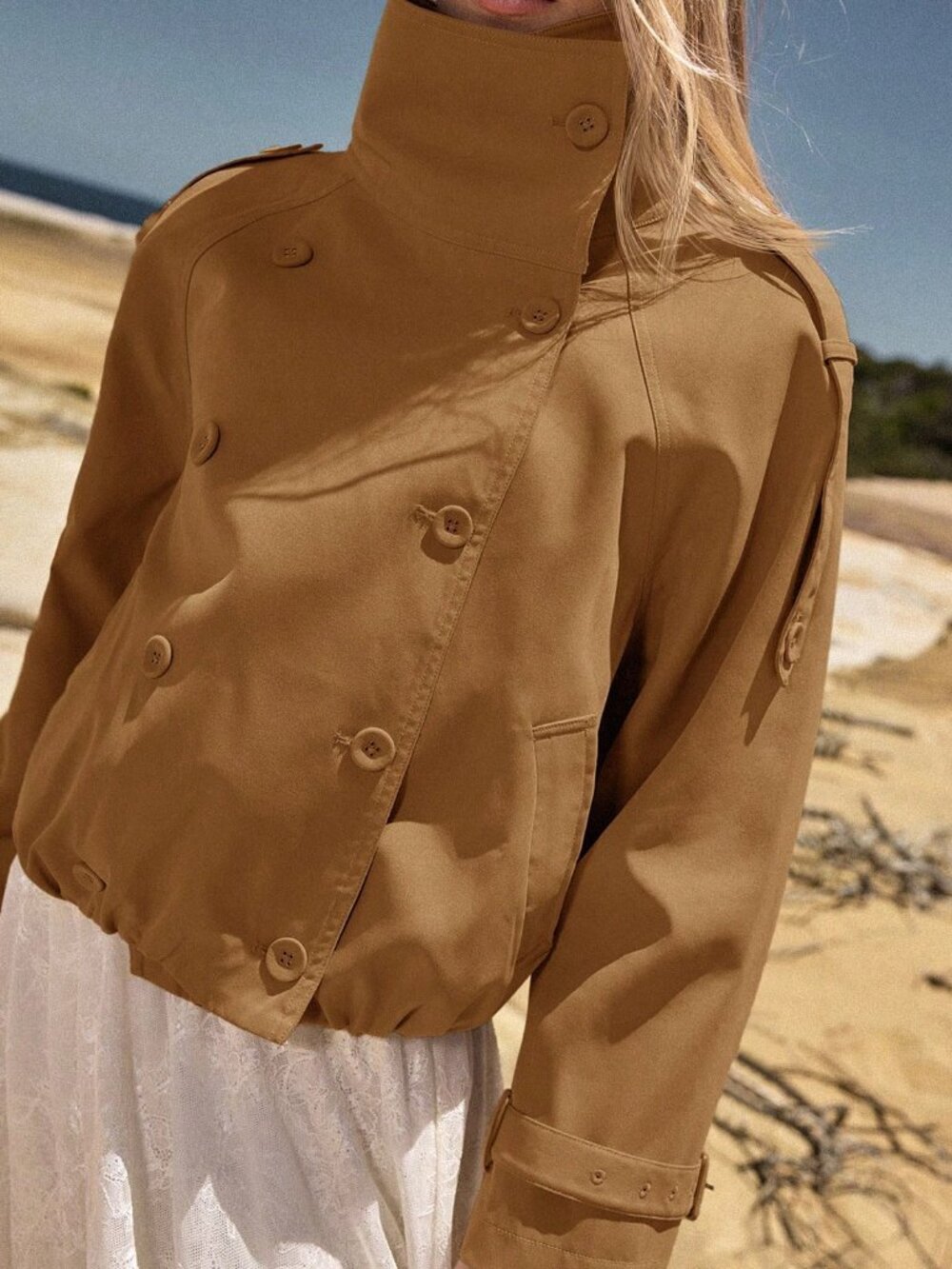 Camel Casual Women's Double-Breasted Short Trench Coat